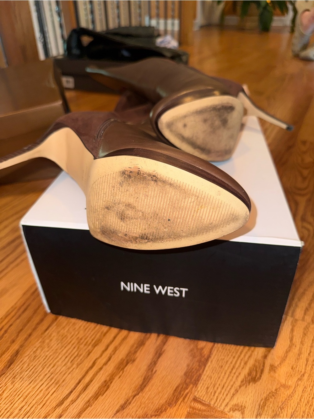 Nine West Two-Tone Brown Leather & Suede Knee-High Stiletto Boots - Picture 3 of 4